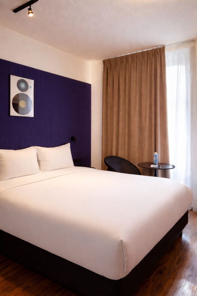 Chambre avec lit double, tête de lit violet foncé, parquet en bois et rideaux beiges, ClapClap Hotel Strasbourg