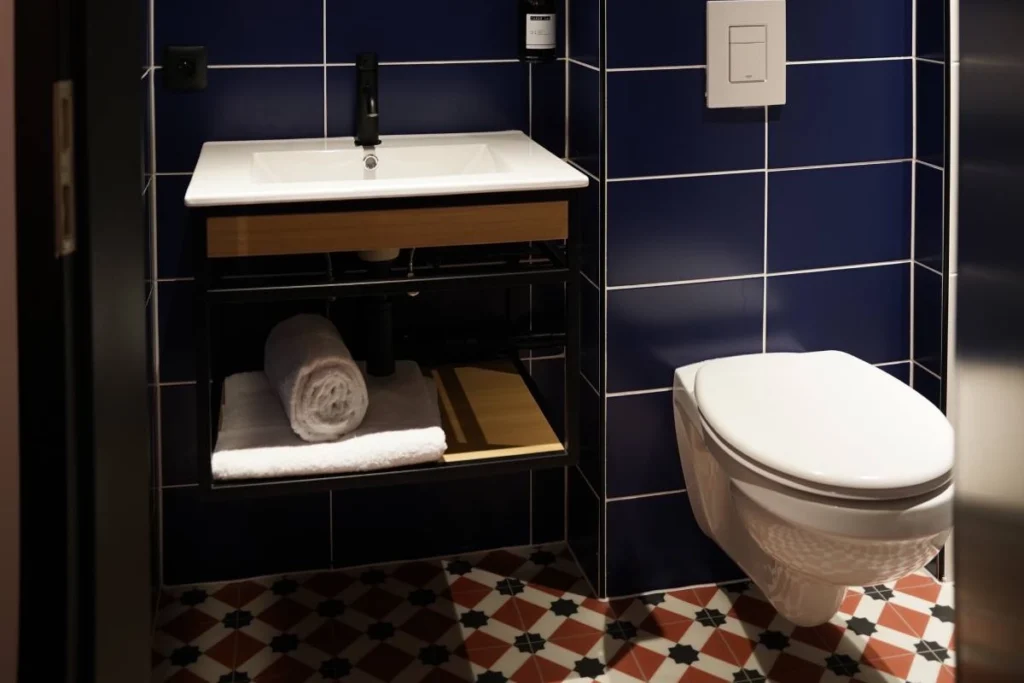 Salle de bain du ClapClap Hôtel Strasbourg avec vasque sur étagère bois, WC suspendu, carrelage bleu cobalt et sol carreaux de ciment