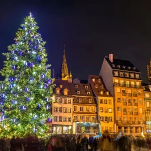 Grand sapin illuminé de la Place Kléber lors du marché de Noël de Strasbourg, avec la cathédrale en arrière-plan