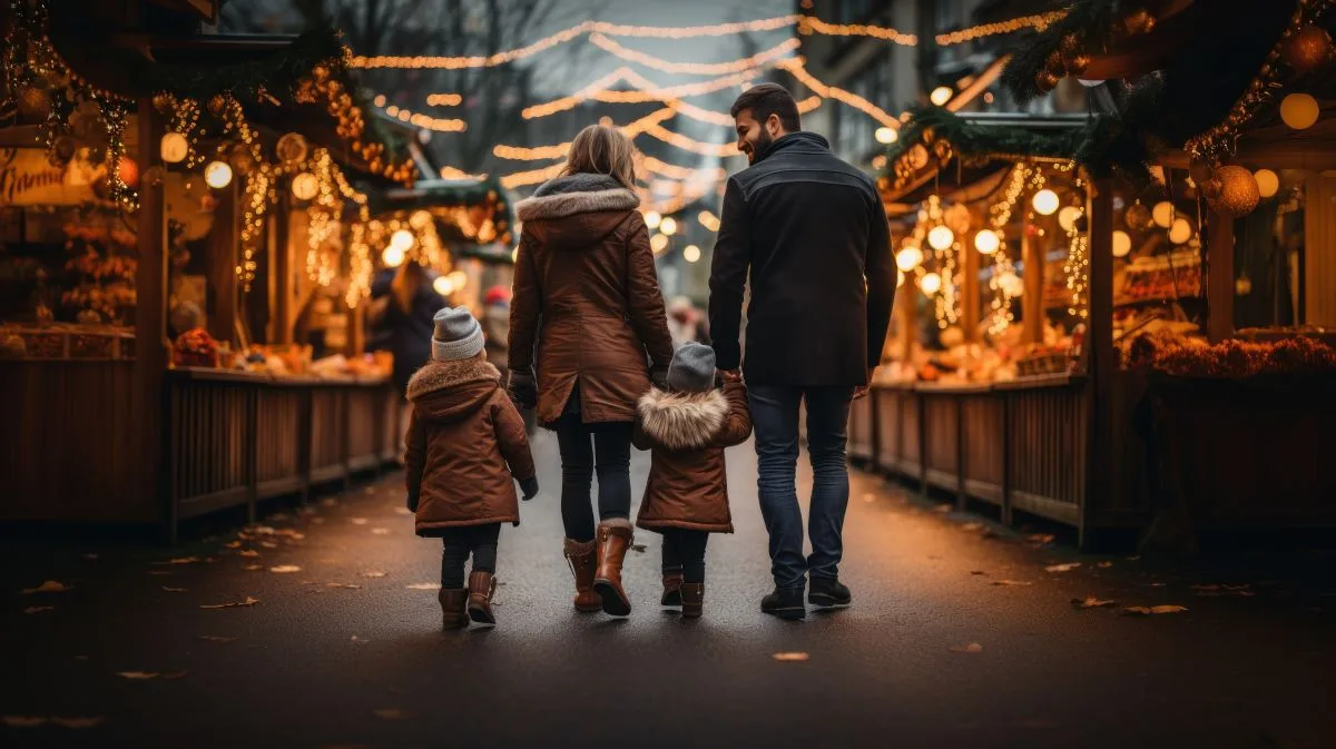Familie mit zwei Kindern auf einem beleuchteten Weihnachtsmarkt